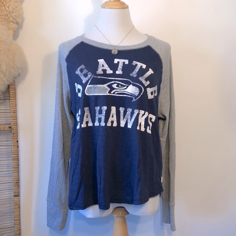 BOHO SEATTLE SEAHAWKS-Blue & Gray Football Long Sleeve Knit Top-Size X-Large